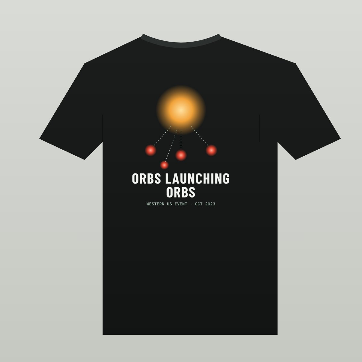 Black tee with a large glowing orange orb and four small red orbs dropping away from it on dotted paths, over ORBS LAUNCHING ORBS